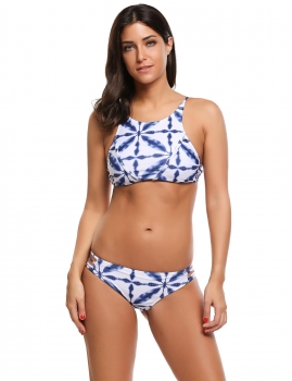 

Blue Printed Cross Back Ladder Cut Out Split Bikini Set, Multicolor
