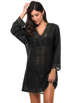 

Black Deep V-neck Long Sleeve Hollow Lace Chiffon Beach Bikini Cover Up, Multicolor
