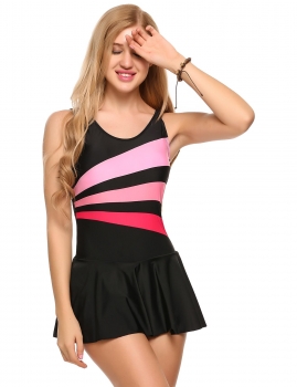 

Black Contrast Color Backless Patchwork Skirted Bottom One Piece Swimwear, Multicolor