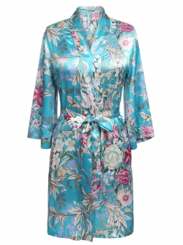 

Blue 3"4 Sleeve Floral Wrap Sleepwear Robe with Belt, Multicolor
