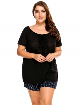 

Black Plus Size Hollow Front Short Sleeve Loose Fit Tops, Multicolor