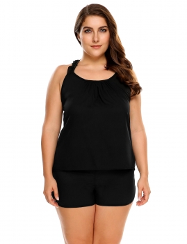 

Black Plus Size Solid Ruffles Strap Tank Top and Shorts Pajama Set, Multicolor