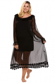 

Black Ruffles Lace Loose Maxi Nightgown Plus Size, Multicolor