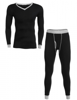 

Black Men's V-Neck Long Sleeve Top and Pants Patchwork Pajama Set, Multicolor