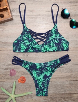 

Green Printed Spaghetti Strap Cross Front Cut Out Swimwear, Multicolor