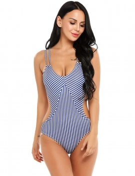 

Blue Spaghetti Strap Stripes Backless One Piece Swimsuit, Multicolor