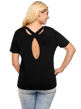 

Black Plus Size Solid Short Sleeve Cross Keyhole Back T-Shirt, Multicolor