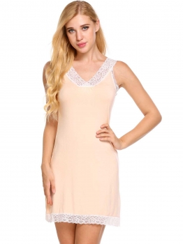

Apricot Sleeveless V Neck Lace Patchwork Mini Nightgown Sleepwear, Multicolor