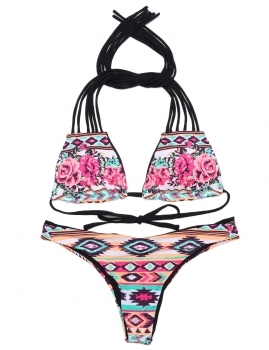 

Red Multi-Rope Halter Floral Printed Bikini Set Swimwear, Multicolor