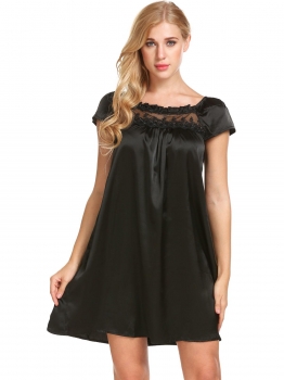 

Black Women Short Sleeve Embroidery Loose Satin Nightgown Sleepwear, Multicolor