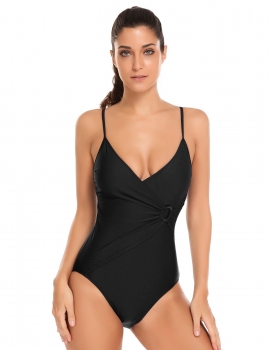 

Black Solid V-Neck Spaghetti Strap Padded Ruched One Piece Swimsuit, Multicolor