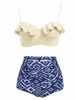 

Beige Spaghetti Strap Ruffles Print High Waist Ruched Bikini Set, Multicolor
