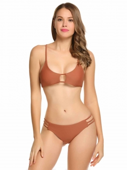 

Brown Spaghetti Strap Keyhole Padded Cut Out Solid Bikini Set, Multicolor