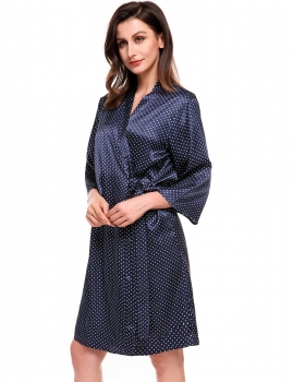 

Blue 3"4 Sleeve Dot Print Striped Kimono Robe With Belt, Multicolor
