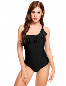 

Black One Shoulder Ruffle Padded One Piece Swimsuit, Multicolor