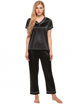 

Black Satin V-Neck Short Sleeve Top and Long Pants Pajamas Set, Multicolor