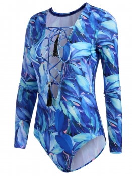 

Blue Printed Lace-up V-Neck Long Sleeve High Cut One Piece Swimsuit, Multicolor