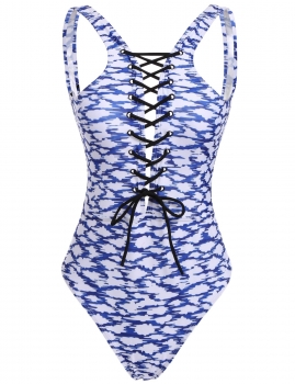 

Blue Printed Lace-up V-Neck High Cut Backless One Piece Swimsuit, Multicolor