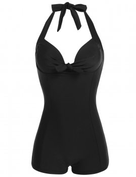 

Black Plus Size Solid Halter Padded Push-up One Piece Swimwear, Multicolor