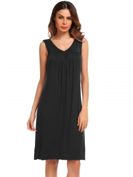 

Black Sleeveless Solid V Neck Stretchy Ruched Nightgown Sleepwear, Multicolor