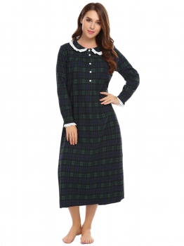 

Dark green Long Sleeve Plaid Lace Nightgown Pajamas, Multicolor