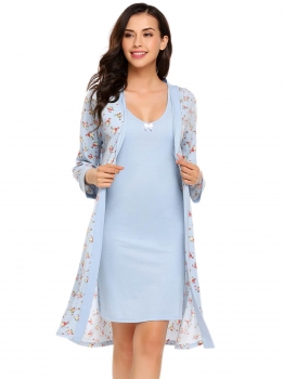 

Blue Long Sleeve Floral Print Robe Solid Nightgown Pajamas Set With Belt, Multicolor