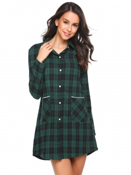 

Green Long Sleeve Plaid Button-Front Nightshirts with Pocket, Multicolor