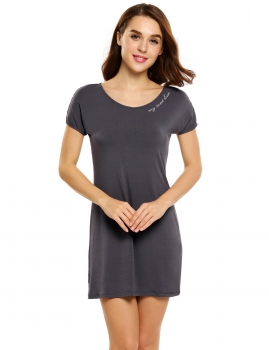 

Dark gray Short Sleeve Letters Embroidery Nightgown Sleepwear, Multicolor