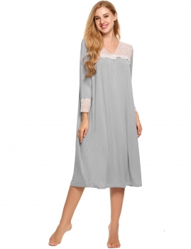 

Grey Long Sleeve Lace Patchwork V Neck Nightgown Sleepwear, Multicolor