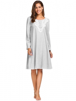 

Gray Long Sleeve Crochet Patchwork Loose Nightgown Sleepwear, Multicolor