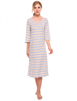 

Yellow 3"4 Sleeve Striped Loose Calf Length Shift Nightgown Sleepwear, Multicolor