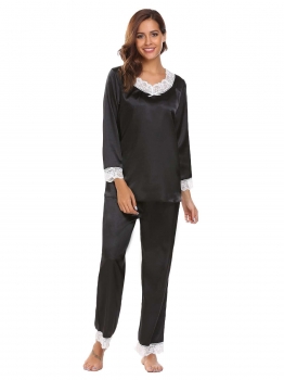 

Black Lace Trimmed Long Sleeve Tops with Elastic Waist Pants Pajamas Sets, Multicolor