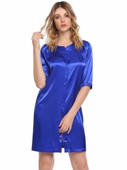 

Blue Women O-Neck Half Sleeve Button Satin Comfortable Loose Sleepwear Dress, Multicolor