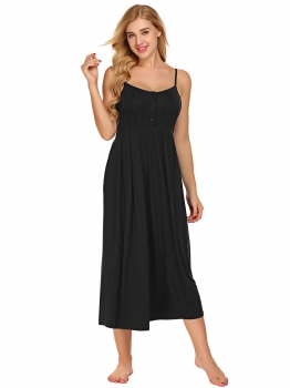 

Black Women Spaghetti Strap Sleeveless Button Nighties Sleepwear Dress, Multicolor