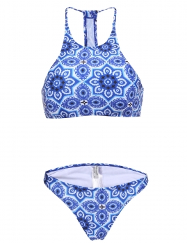 

Blue Scoop Neck Printed Padded Split Bikini Set, Multicolor