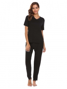 

Black Lace-trimmed V-Neck Short Sleeve Tops with Elastic Waist Pants Pajamas Sets, Multicolor