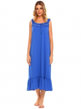 

Blue Sleeveless Ruffle Hem Button Maxi Nightgown, Multicolor