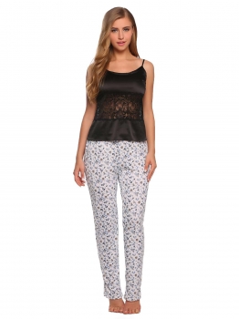 

Black Spaghetti Strap Satin Lace Tops with Elastic Waist Pants Pajamas Sets, Multicolor