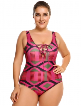 

Rose red Plus Size Lace Up Printed Padded One Piece Swimsuit, Multicolor