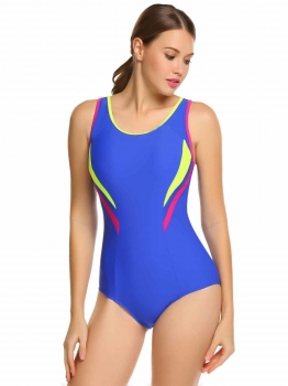 

Blue Scoop Neck Padded Backless Contrast Color Patchwork One Piece Swimwear, Multicolor