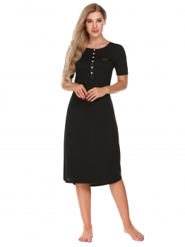 

Black Short Sleeve Front Button Long Nightgown Pajamas, Multicolor