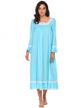 

Light blue Women Square Neck Long Sleeve Lace-Trimmed Loose Nighties Sleepwear Dress, Multicolor
