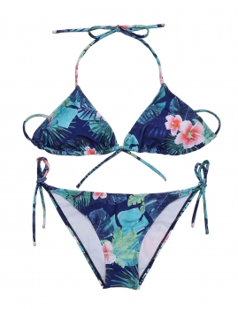 

Green Printed Halter Side Tie Triangle Bikini Set Swimwear, Multicolor