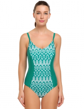 

Green Spaghetti Strap Printed Back Ladder Cut Out One Piece Swimsuit, Multicolor