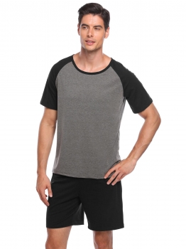 

Black Men's Patchwork Short Sleeve Tops with Elastic Waist Shorts Pajamas Sets, Multicolor