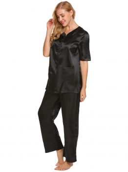 

Black Women Solid Satin Pajama Half Sleeve Shirt Long Pj Pant Set, Multicolor