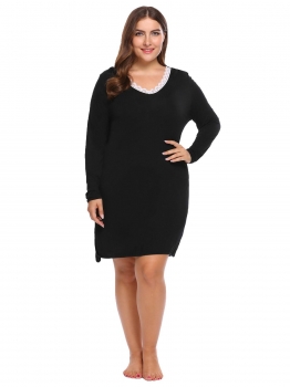 

Black Plus Size Lace V-Neck Long Sleeve Split Nightgown, Multicolor