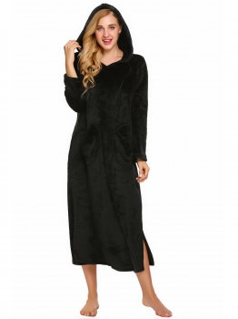 

Black Women Hooded Long Sleeve Solid Fleece Thicked Nighties Sleepwear Dress, Multicolor