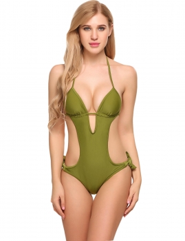 

Army green Halter Solid Padded Side Tie Monokini One Piece Swimsuit, Multicolor