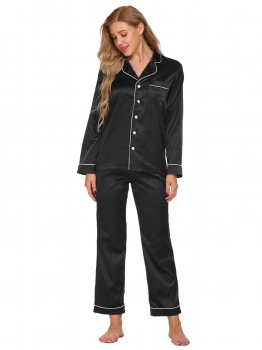 

Black Patchwork V-Neck Long Sleeve Tops with Elastic Waist Pants Sleepwear Sets, Multicolor